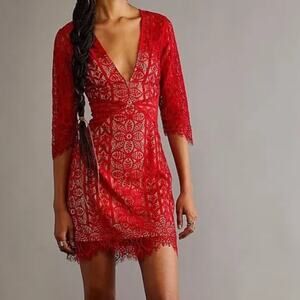 NWT For Love and Lemons Lyla red floral lace cocktail bodycon mini dress